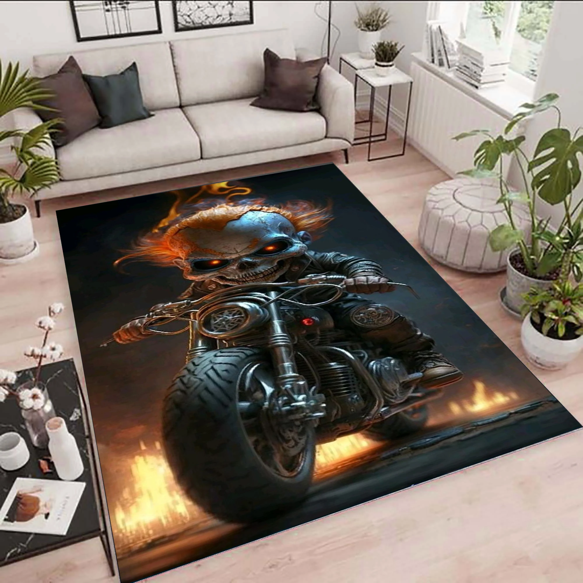 Cool Skeleton Riding Motorcycle Custom Rug Digital Printing Process Simple Housewarming Gift Handmade Non-slip Decorate Carpet