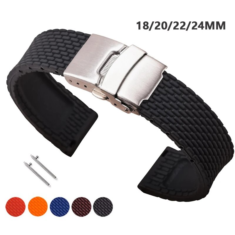 Universal Waterproof Silicone Watch Strap with Quick Release Folding Buckle – Available in Multiple Sizes