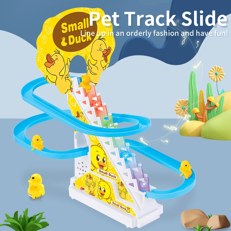 Electric Driving Toy Climbing Stairs Track Toys Electric Duck DIY Rail Racing Track Roller Coaster Toys Set Light Music Educational Toy For Kids Gift