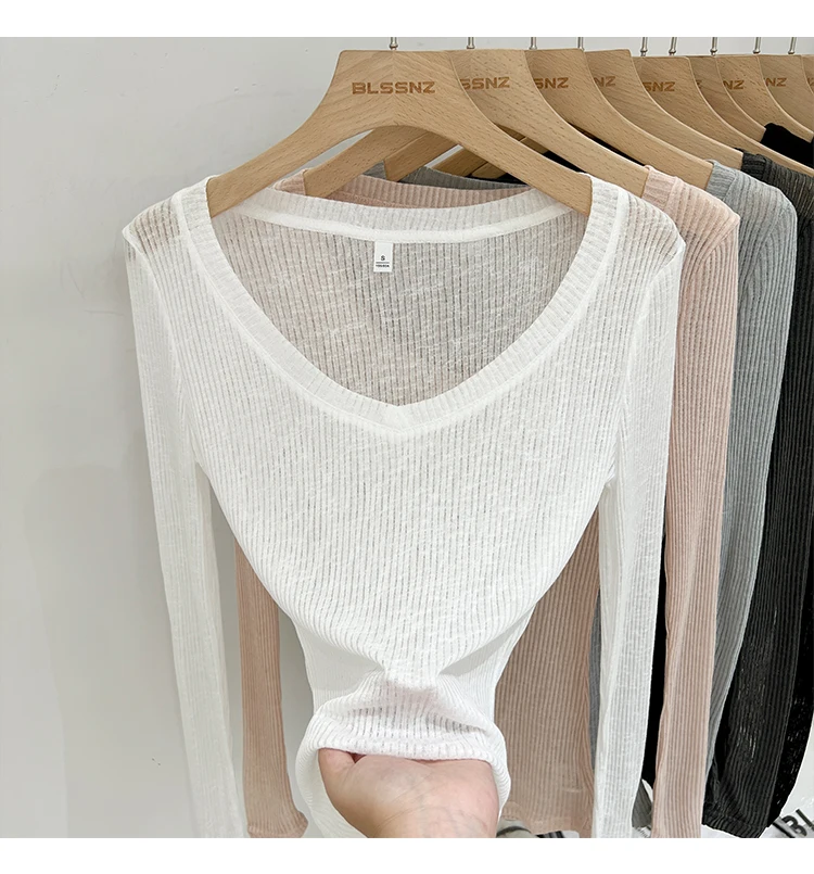 Zjaiss Damen T-Shirt mit V-Ausschnitt, Sonnenschutz, Langarm, Sommer 2026, Neuer Lazy-Style, Transparentes, Dünnes, Durchsichtiges Überwurf-Top – Detail 1
