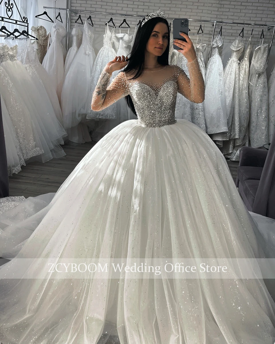 Luxuriöse Funkelnde Kristall-Perlen Ballkleid Hochzeitskleider 2026 Prinzessin Arabisch Dubai Langarm Brautkleider Vestido De Noiva – Detail 5
