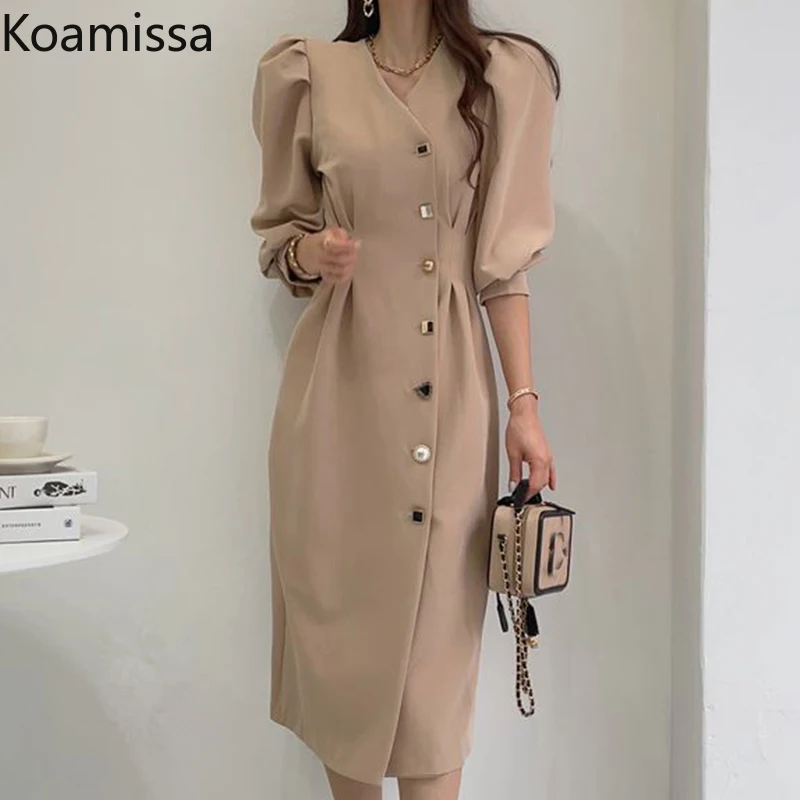 

Koamissa Elegant Tempertent Women A Line Dress Puff Sleeve Waist Slim Lady Vestidos Single Breasted Korean Chic Bodycon Robes