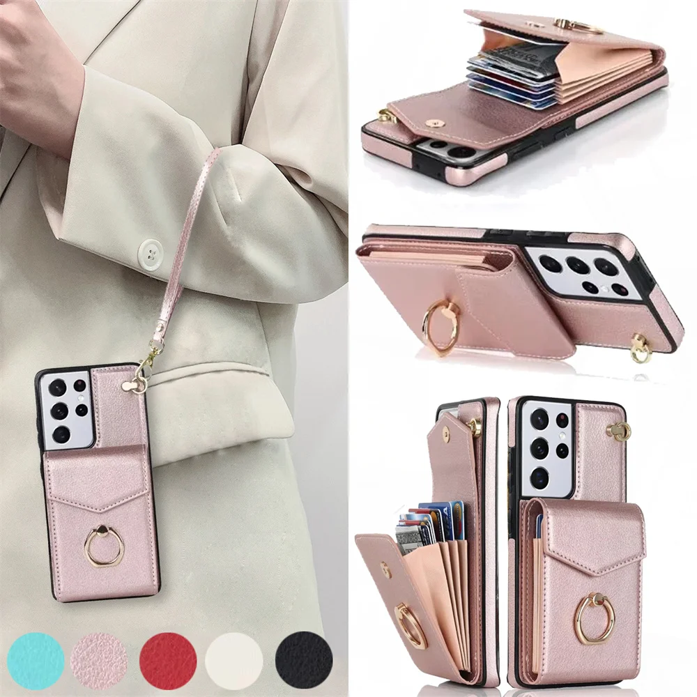 

Ring Stand Phone Case For Samsung Galaxy S21 S20 FE S23 S22 Ultra Plus A53 5G Leather Cover with RFID Blocking Card Slot Holder