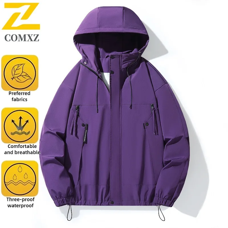 Men's Spring Solid Color Windbreaker Waterproof Hiking Jacket Outdoor Sports Loose Fit Hooded Workwear Fit Camping Fishing Coat