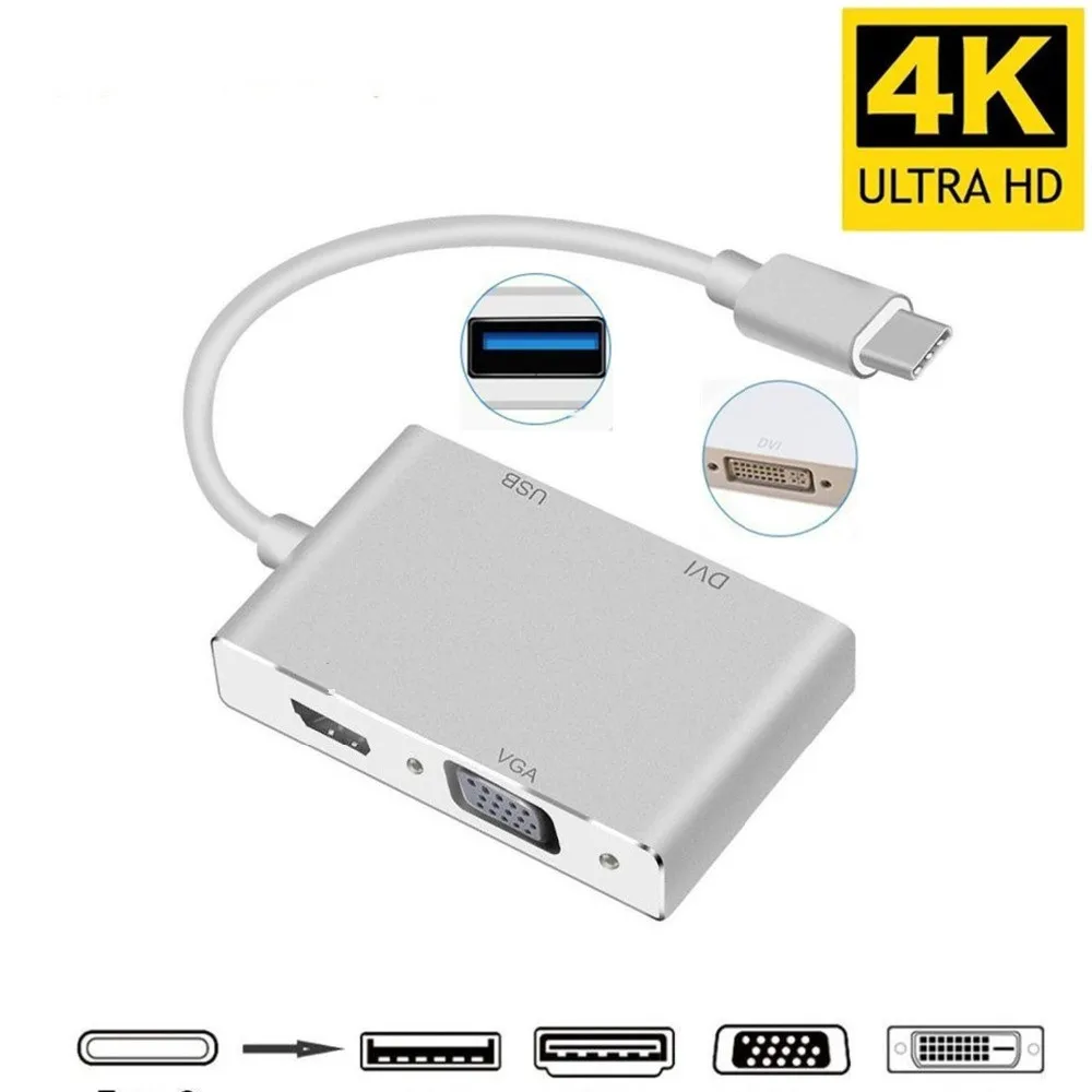 ZYS 4 in 1 USB 3.1 USB C Type C to HDMI VGA DVI USB 3.0 Adapter Cable for Laptop Apple MacBook Google Chromebook Pixel
