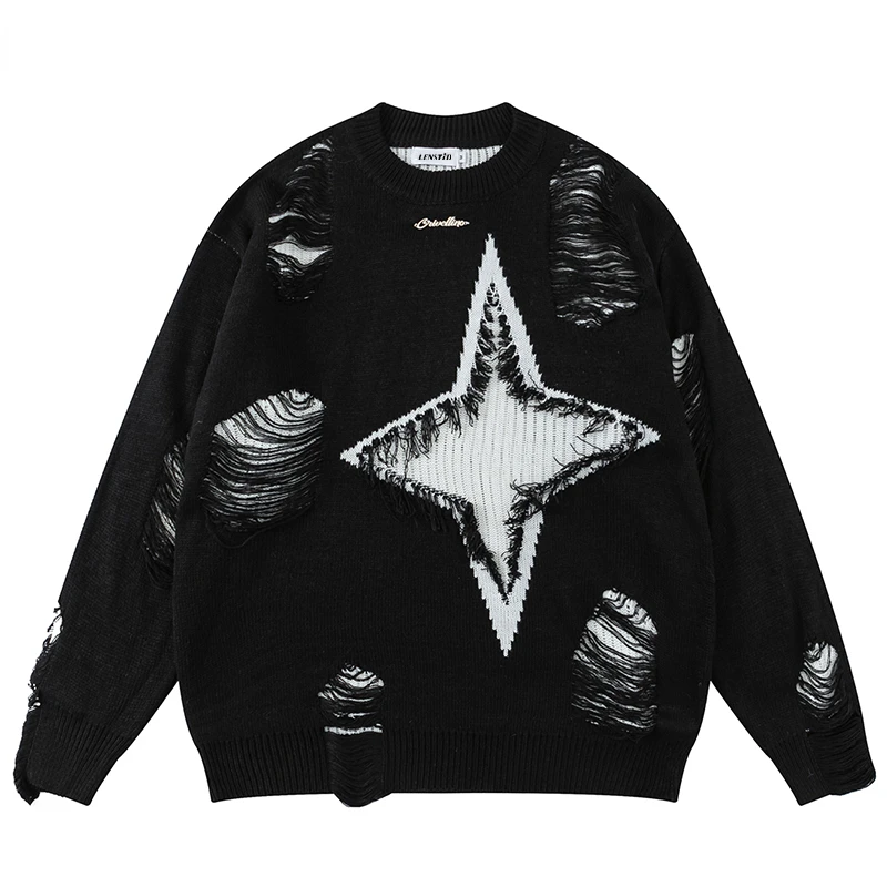 

Autumn Men Knitted Jumper Sweaters Hip Hop Ripped Vintage Knitwear Streetwear Harajuku Fashion Casual Pullovers Knit Clothing