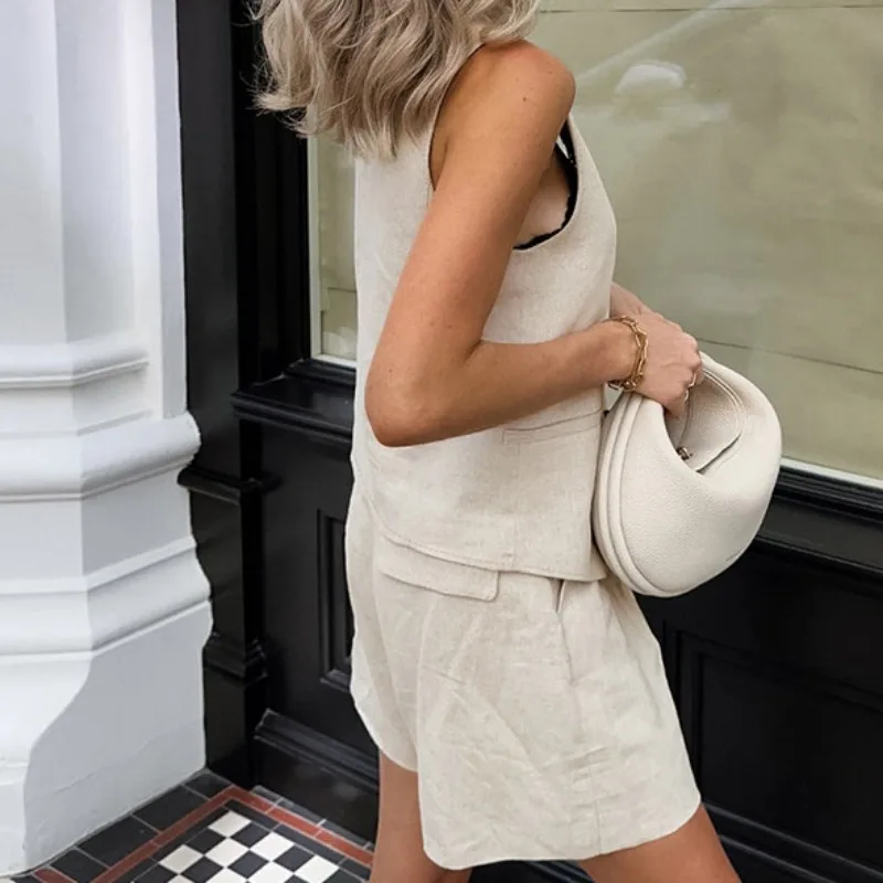 Commuting Women's Khaki Cotton Linen Sleeveless Vest & Shorts Set Women Casual Outfits Y2K 2024 Summer New Fashion Two Piece Set