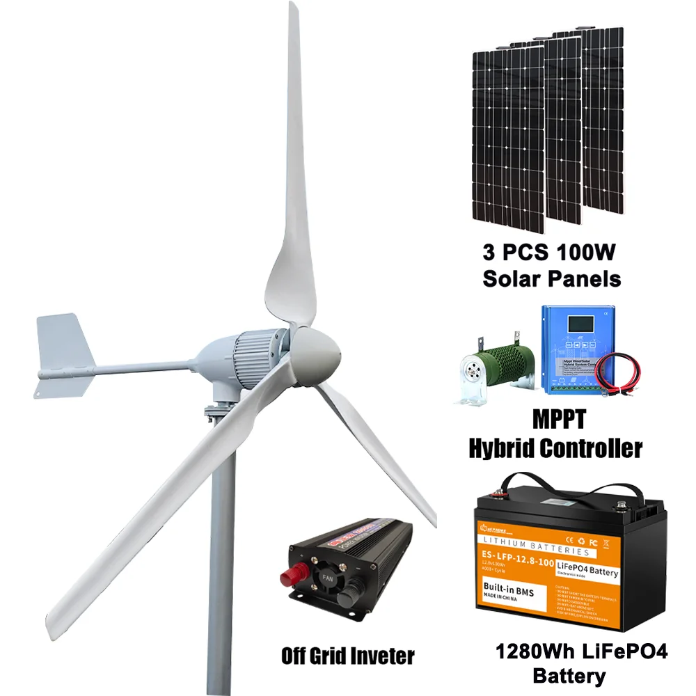 thumbnail image 1 of Generador de turbina eólica horizontal de 3 aspas, 3000 W, 24 V, 48 V, 96 V, con controlador de cargador MPPT y sistema inversor fuera de la red, 1 of 5