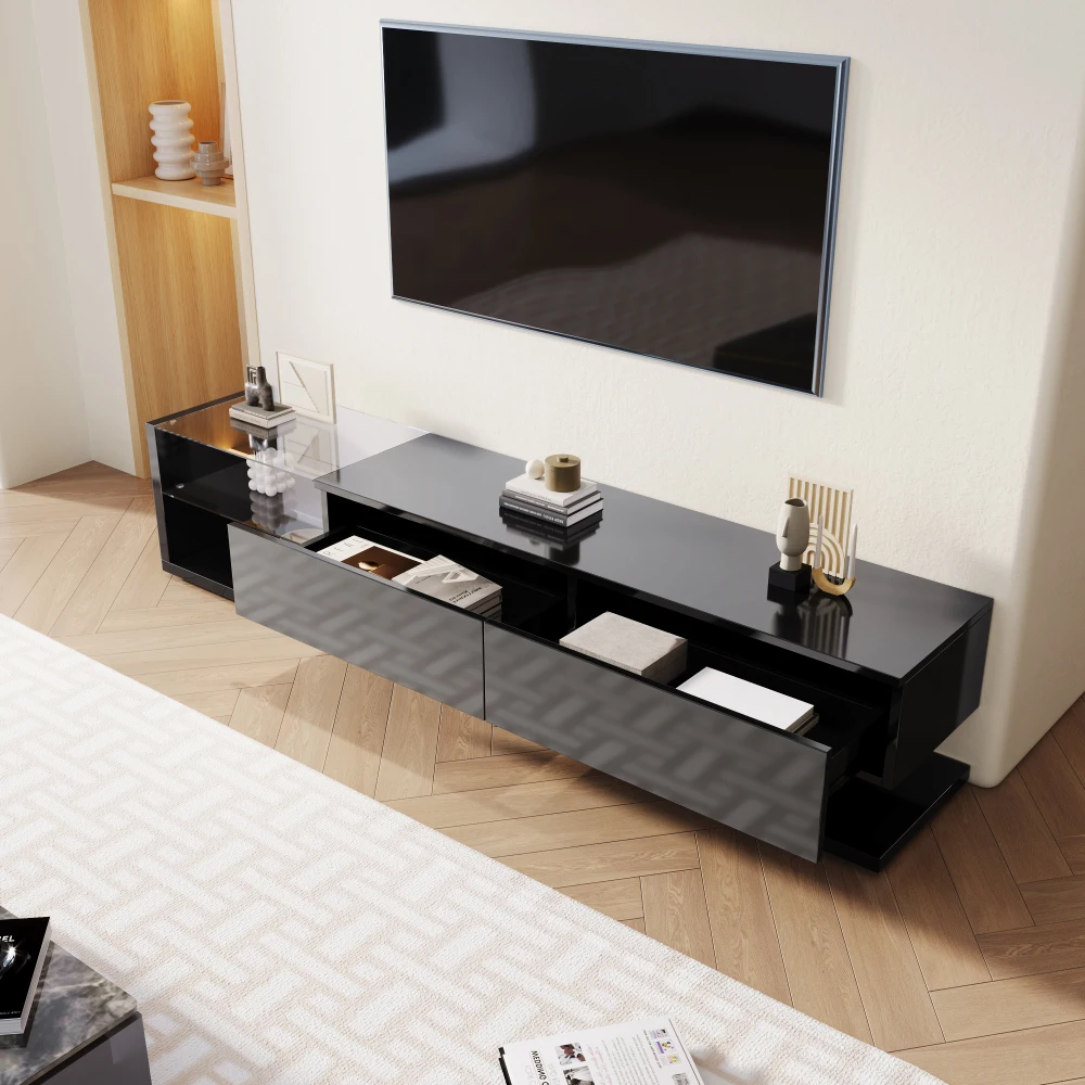 PINGGO Moderner Rustikaler TV-Schrank mit Hochglanz-Glastrennwänden und Variabler LED-Beleuchtung - Wohnzimmermöbel – Detail 9