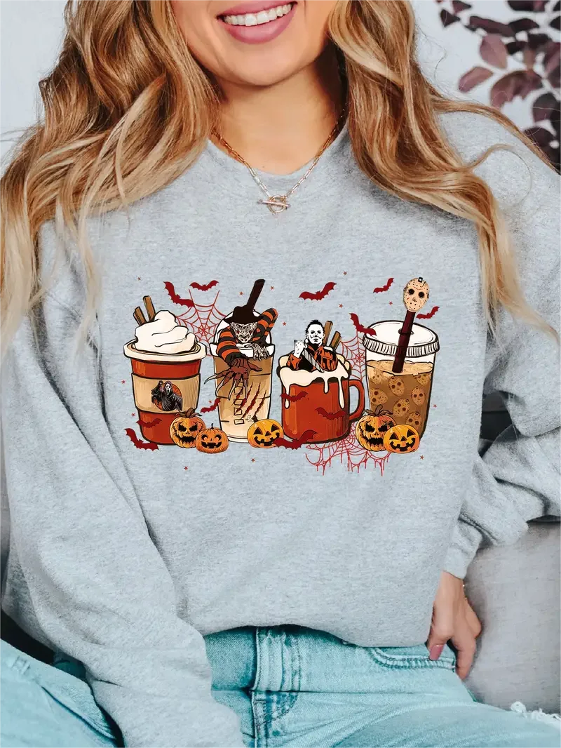 Halloween Spooky Sweatshirt Long Sleeve Crew Neck Casual Sweatshirt Spring Fall Women's Clothing
