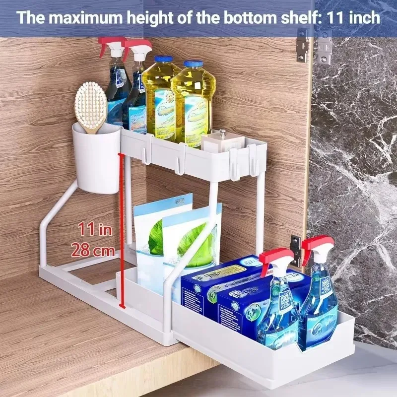 Pull-Out Cabinet Storage Rack Detachable Trays Hooks Bathroom Kitchen Under Counter Space Saving Home Organizationer