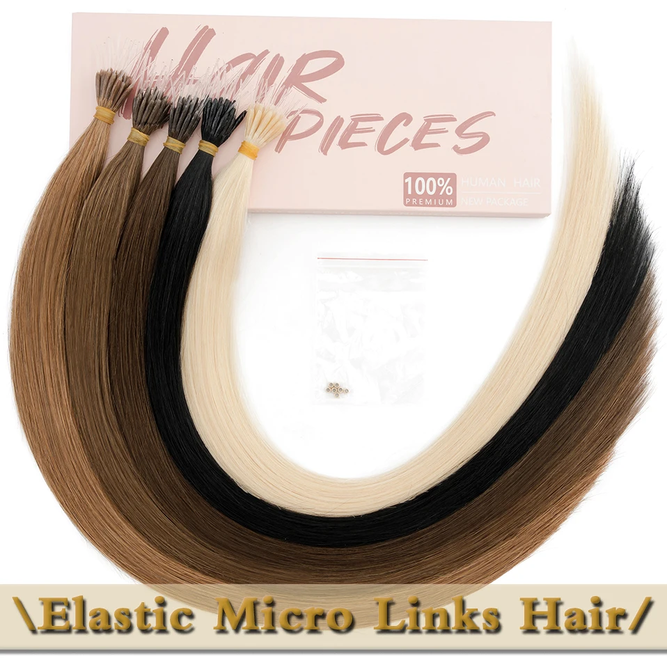 S-noilite Real Remy Human Hair 1g Elastic Rope Micro Loop Microlink Micro Ring 50 Strands/Pack Straight Natural Hair Extensions