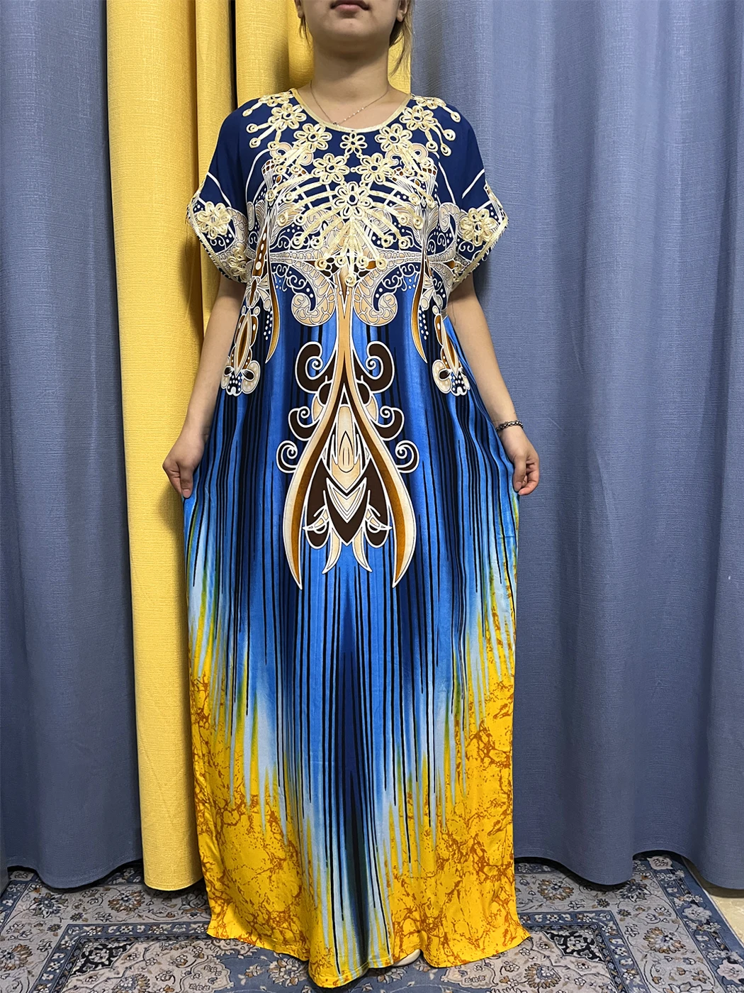 Muslim Abayas For Women 2023 Summer New Appliques Printed Cotton Loose Femme Robe Traditional African Party Dresses With Turban