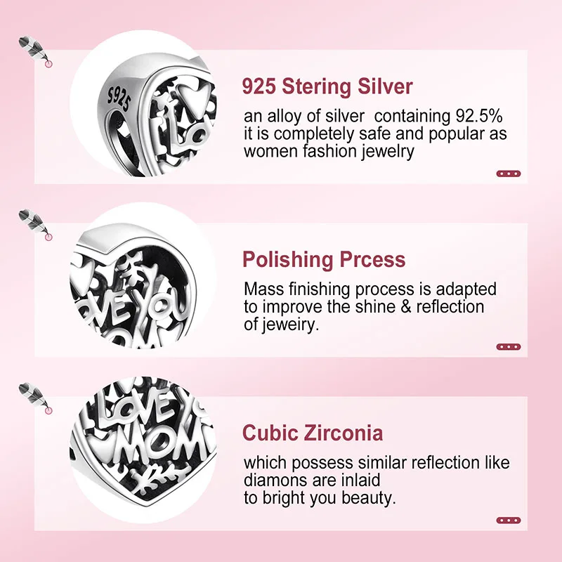 La Menars Hollow Heart Charms 925 Sterling Silver Women Mother's Day Gift Fine Jewelry Beads Charm Fit Bracelets