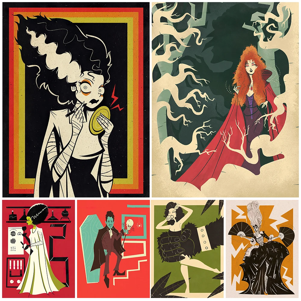 

Vampire Family Vintage Wall Art Canvas Painting The Siren,Vampire Girl And The Witch Cartoon Art Poster And Pirnt Home Decor