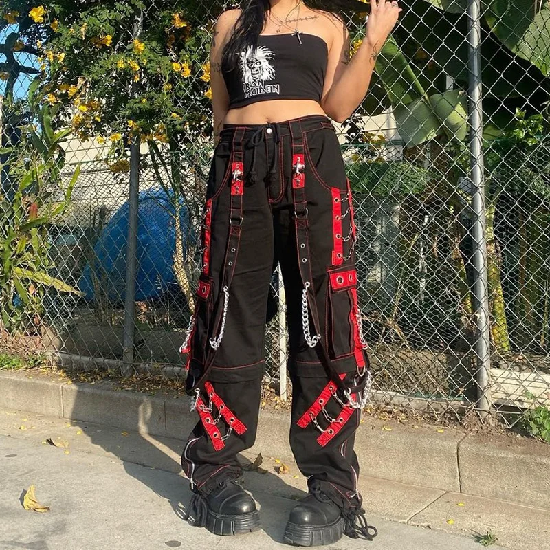 Cyber Punk Unisex Cargo Wide Leg Pants Chain Bandage Ruched