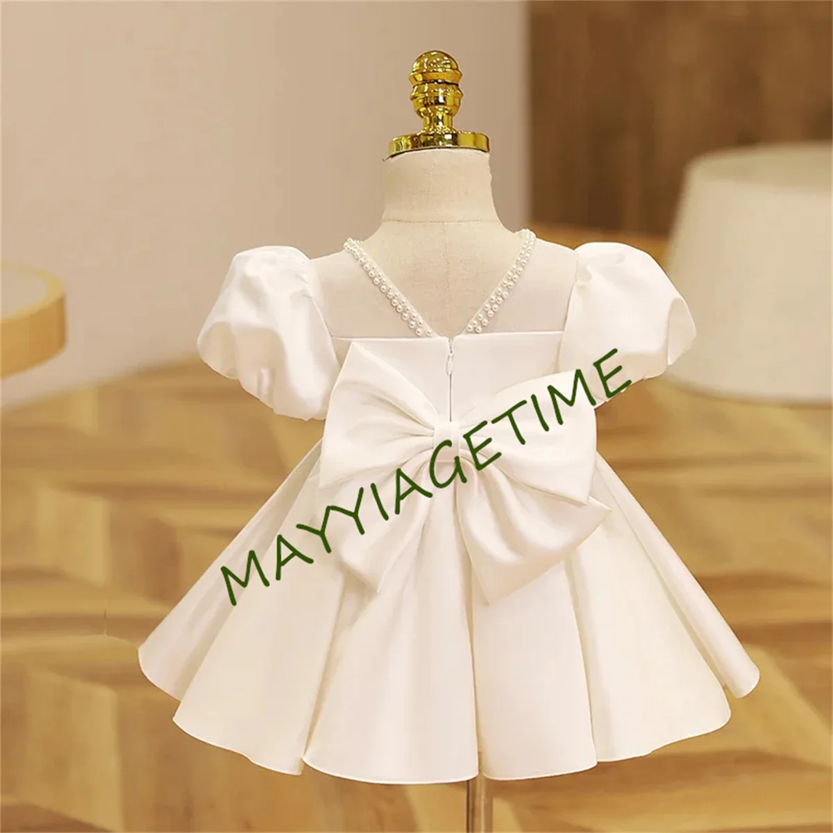 Gardenwed Puffy Flower Girl Dresses Bow Cute Little Girl Dress Satin Princess Dress Baby Girl Dresses First Communion Bow