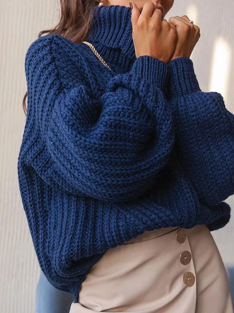 

Vintage Knitted Turtleneck Warm Women Sweater Long Lantern Sleeve Oversized Looose Pullover Autumn Winter Chic Casual Streetwear