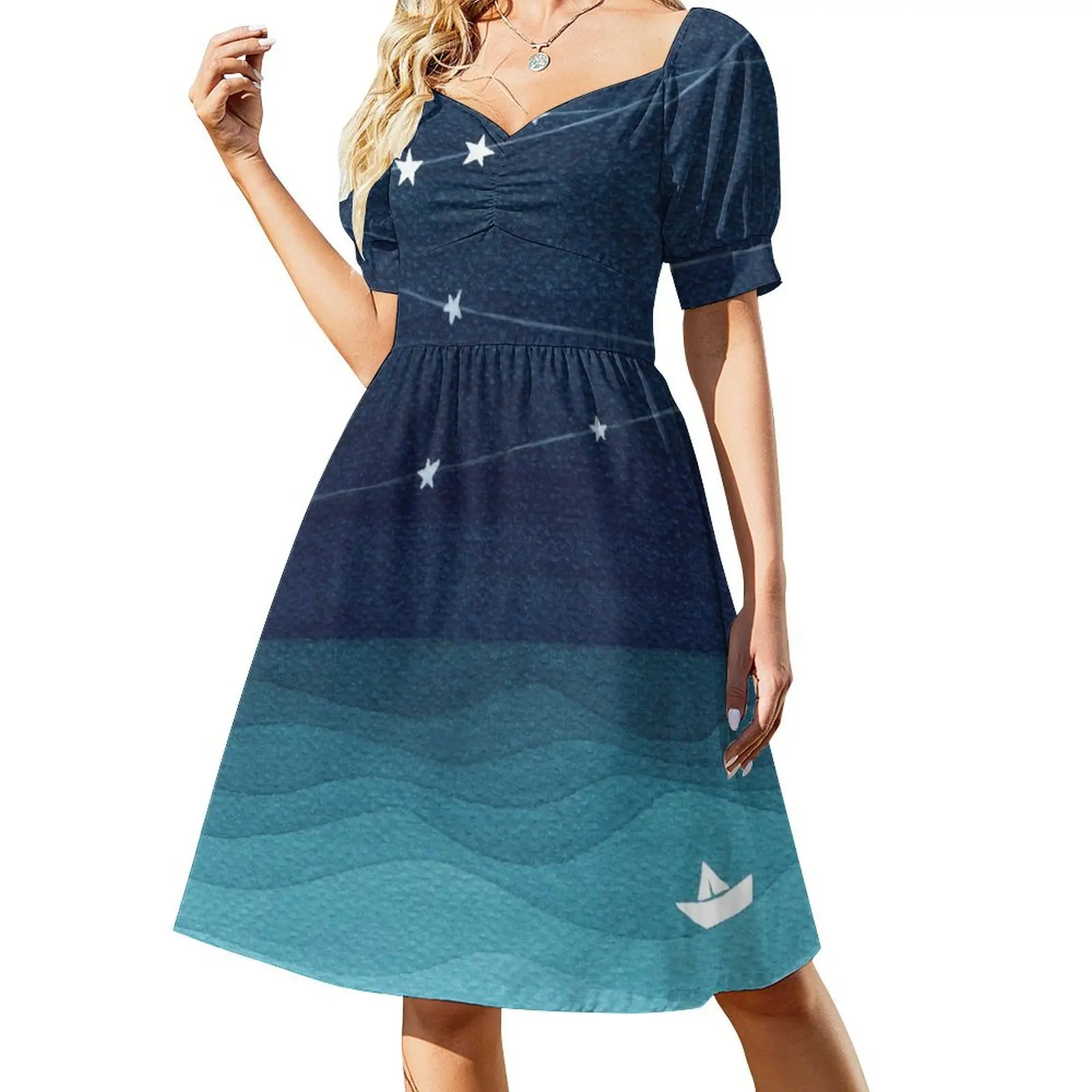 thumbnail image 1 of Vestido de fiesta de lujo para mujer, manga corta, color verde azulado y estrellas, estilo océano, con guirnalda de estrellas, vestidos de fiesta para mujer, vestido largo para mujer, 1 of 7