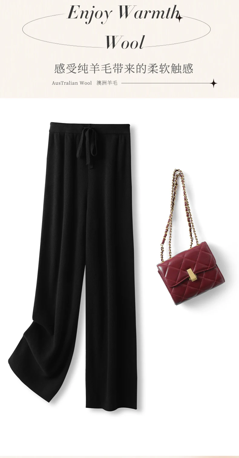 سراويل نسائية صوف مستقيمة للخريف والشتاء بخصر مطاطي 100% صوف ميرينو محبوك بجيوب صلبة سراويل كلاسيكية للمكتب للسيدات