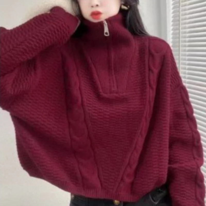 Elegant Women's New Turtleneck Zipper Long-sleeved Sweater Fashion Autumn and Winter Solid Color Retro Pullover Shirt Knitwear