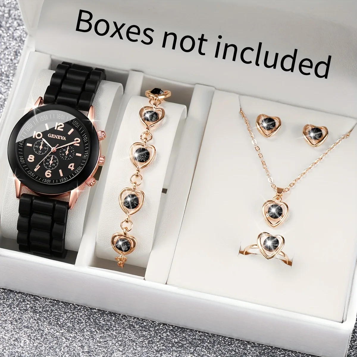 Ensemble De Bijoux Femme - Montre, Bracelet, Collier, Bague Et Boucles D'oreilles Coeur Strass