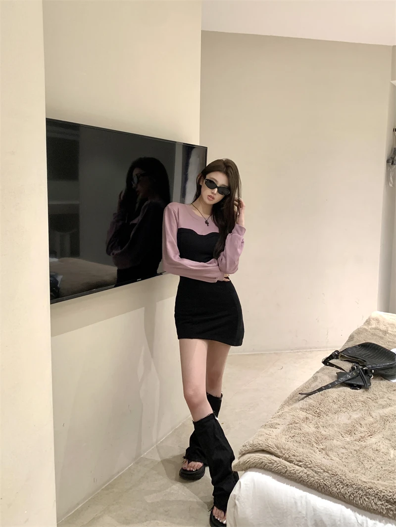 Sexy Patchwork Mini Dresses Women Long Sleeve Bodycon Lace-up Hollow Out Y2K Club Party Dress Korean Fashion Autumn New Vestidos
