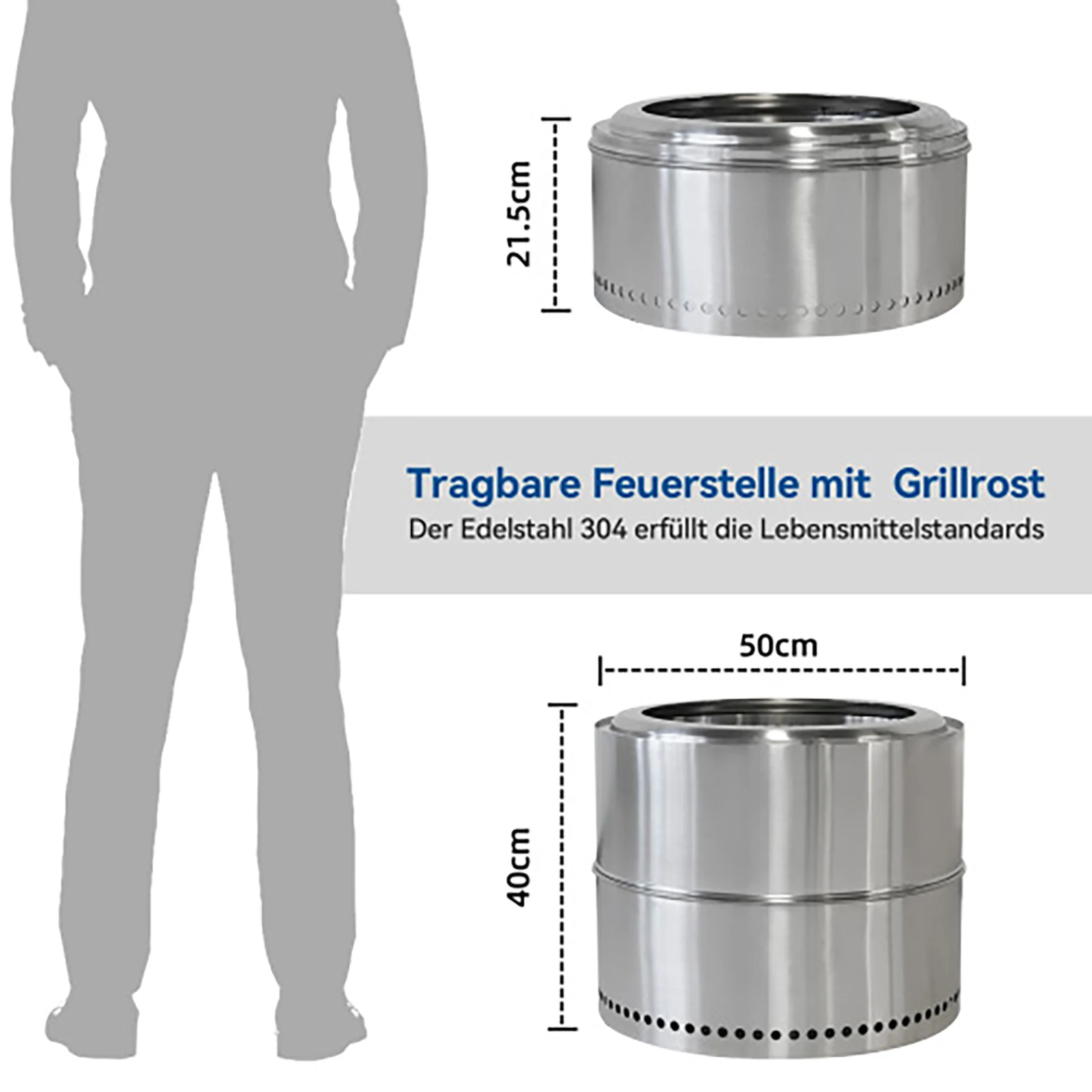 Tragbare Edelstahl-Feuerstelle mit Aschenbecher, Outdoor-Holzofen, BBQ-Grill, Feuerstelle für Camping & Garten, Silber – Detail 10