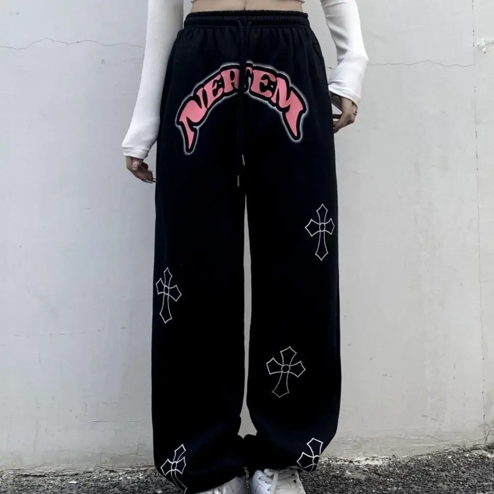 Streetwear Fashion Women Sweatpants Spring Summer Hip Hop Vintage Cross Printing Elastic Waist Jogging Sports Casual Trousers