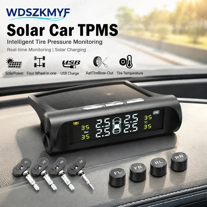 Sistema di Monitoraggio della Pressione degli Pneumatici (TPMS) con Ricarica Solare, 4 Sensori Interni/Esterni, Display in Tempo Reale, Allarme Automatico, Accessori Auto