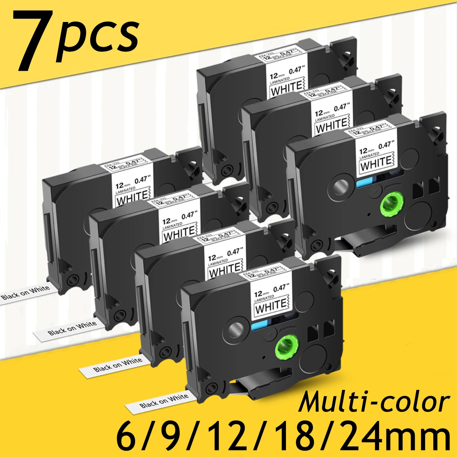 Compatible for Brother Tze231 241 Black on White Tape tze231 TZ131 531 621 731 12mm Printer Ribbon for P-touch Label Makers 7Pcs labeling ribbon label ribbon
