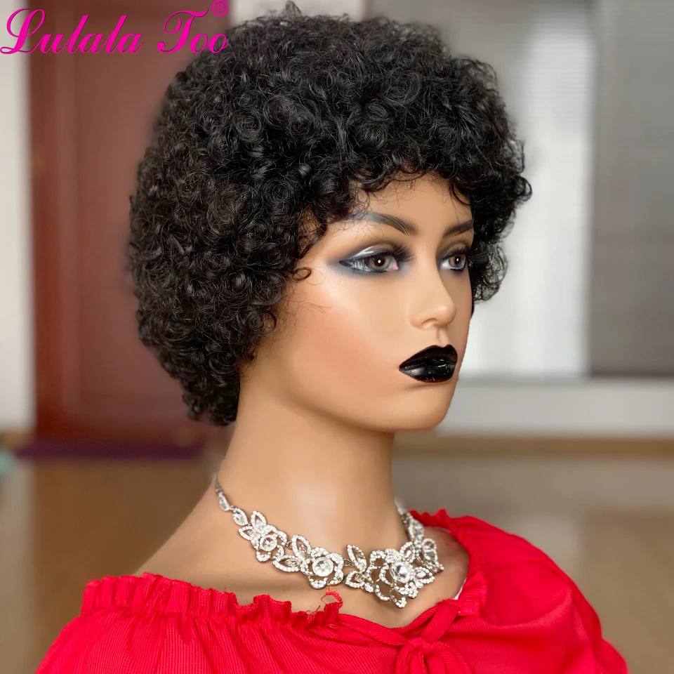 Short Afro Kinky Curly Wig Pixie Cut Wigs Brazilian Remy Hair Afro Puff Human Hair Wigs For Women Full Mahine Made