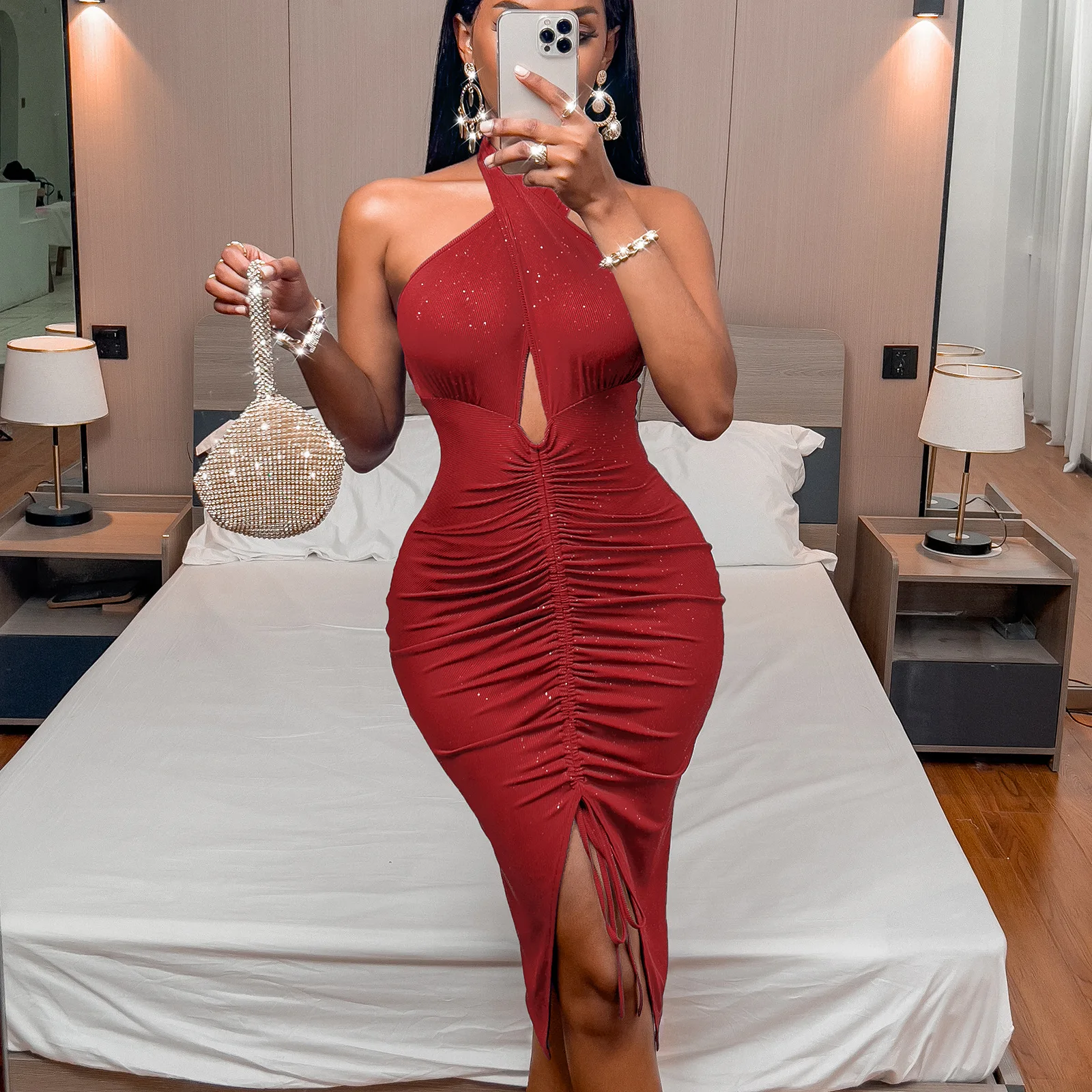 

Women's Summer Backless Halterneck Tight Glitter Slip Dresses Lady Girl Evening Dress Elegant Hollow Out Front Slit Strap Skirt
