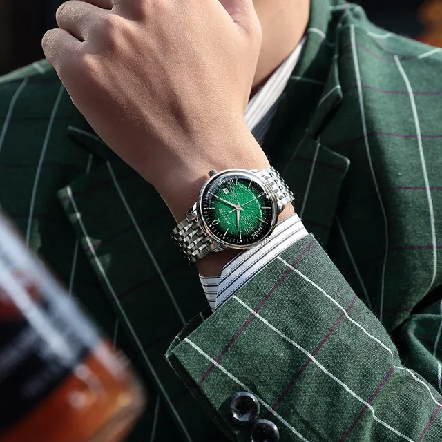 Automatic Watches for Men Ultra Thin Stainless Steel Arc Mirror BIG Green Dial Watch Luxury Business Watch FM221REW 4