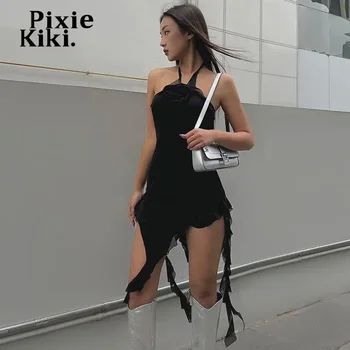 PixieKiki 여성용 3D 꽃 아플리케 비대칭 러플 드레스, Y2k 섹시한 여름 블랙 홀터 미니 드레스, P66-CE17