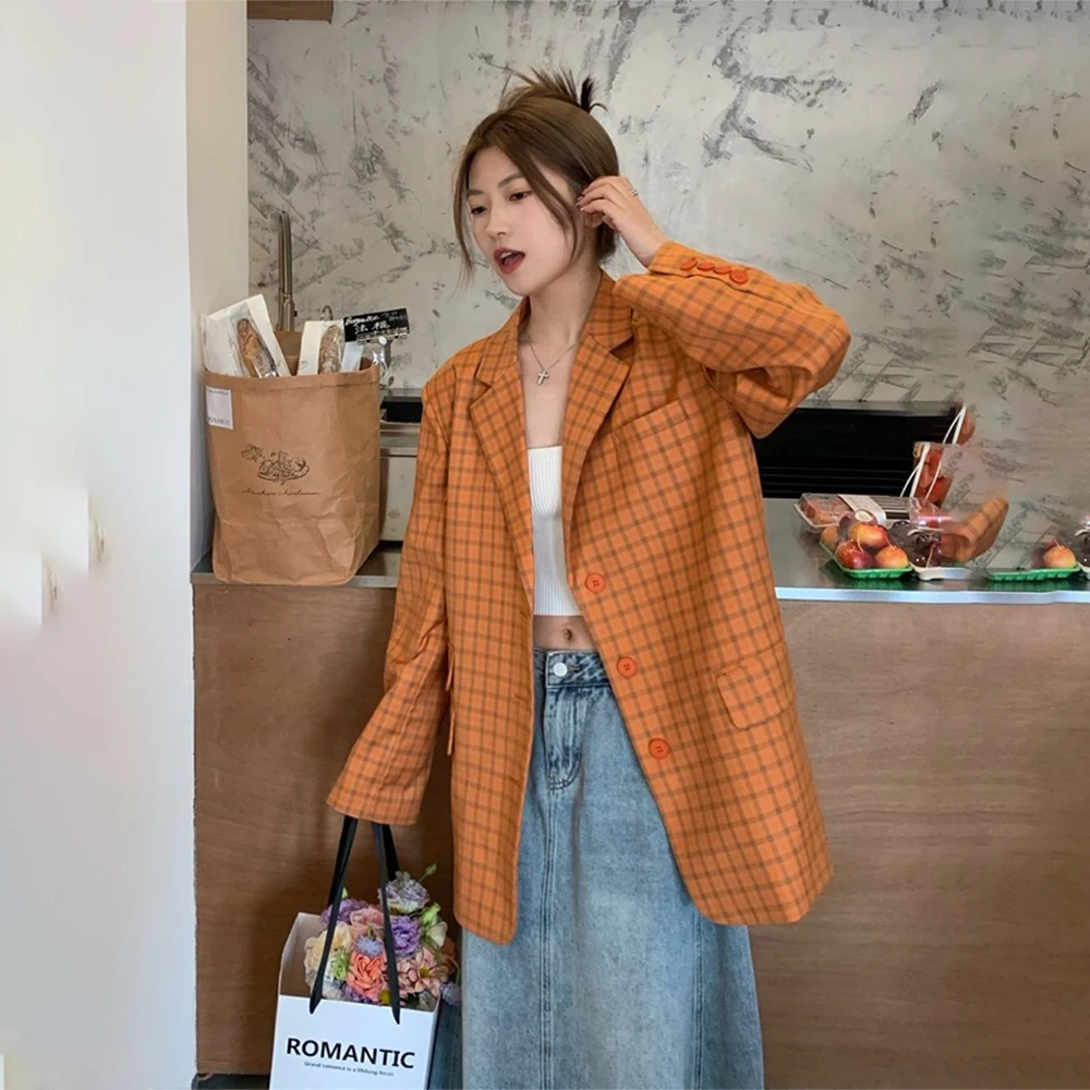 

2023 New Fashion Women Loose Blazers Plaid Notched Collar Long Sleeve Single-Breasted High-Street Spring Female Casual Jacket