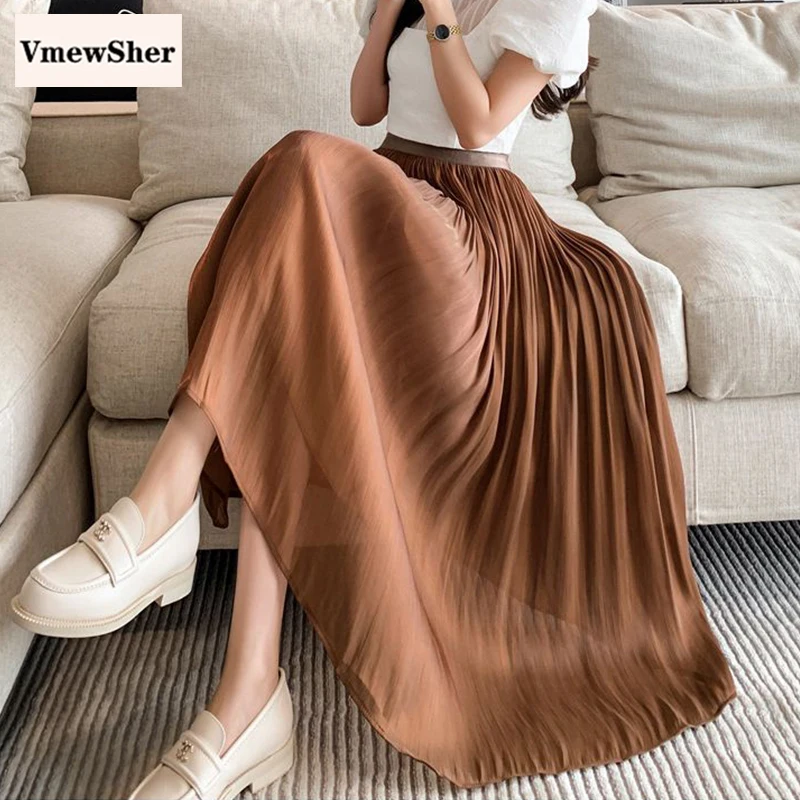 

VmewSher New Elegant Solid Mid-calf Pleated Skirt Women Korean High Waist Spring Summer Ladies Satin Skirt Faldas Saias Jupe