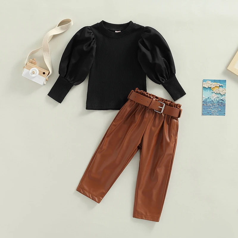 1-6Y Kids Girls Autumn Clothes Sets Baby Puff Long Sleeve Ribbed Tops + PU Leather Long Pants + Belts Children Outfits