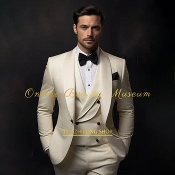 Elegante abito da smoking avorio da uomo, set da 3 pezzi, giacca, gilet, pantaloni, abbigliamento classico per matrimonio, appuntamenti, ospite, ballo di fine anno, abito da festa