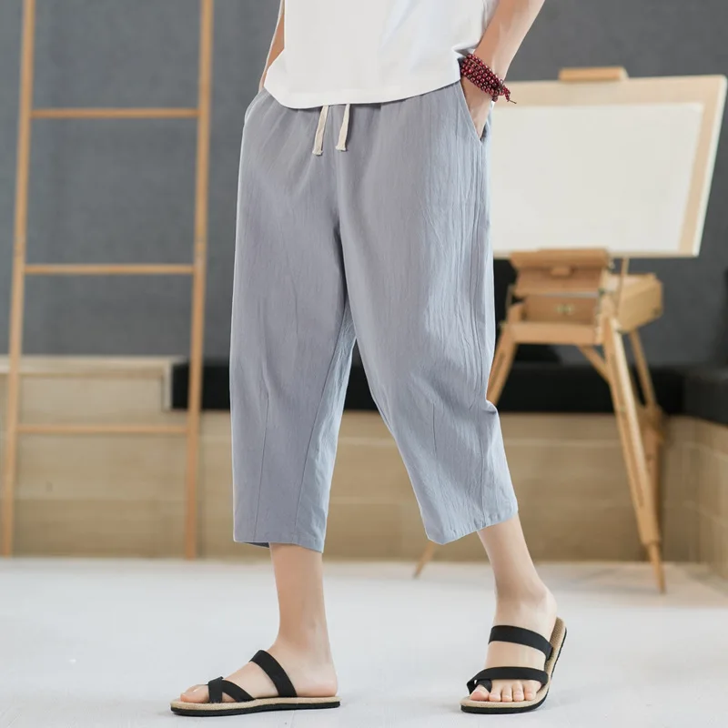 

Casual Shorts Men's Summer New Chinese Style Linen Pocket Solid Minimalist Elastic Waist Loose Sports Straight Calf Length Pants