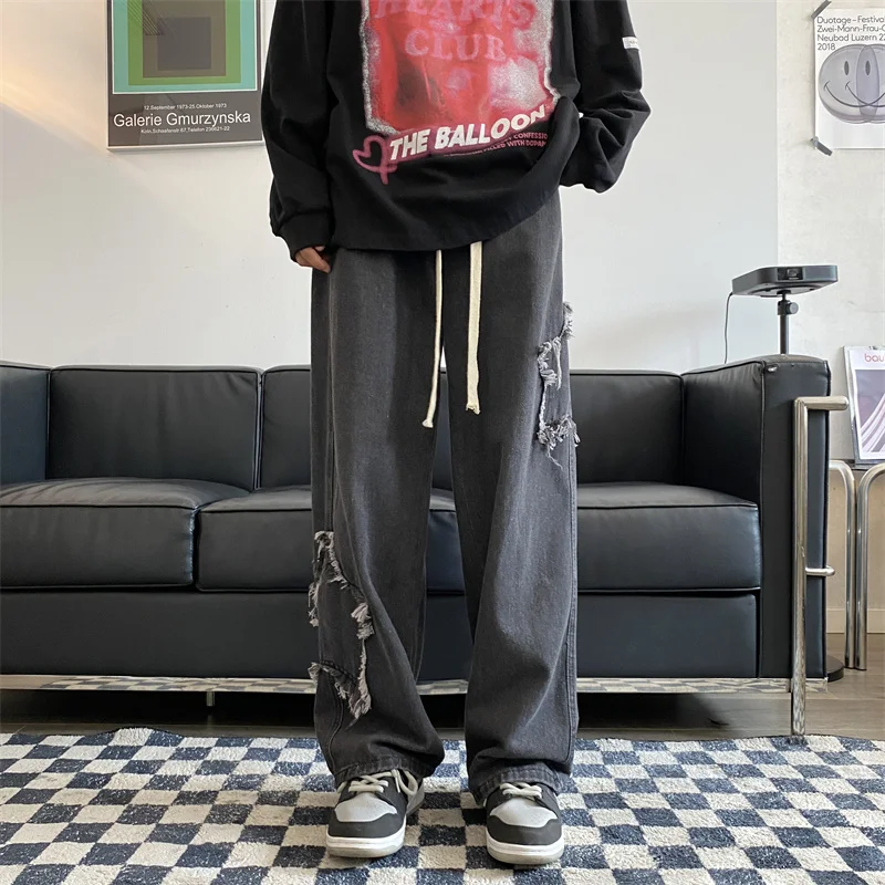 American Retro Star Embroidery Jeans Men's Baggy Hip Hop Fashion