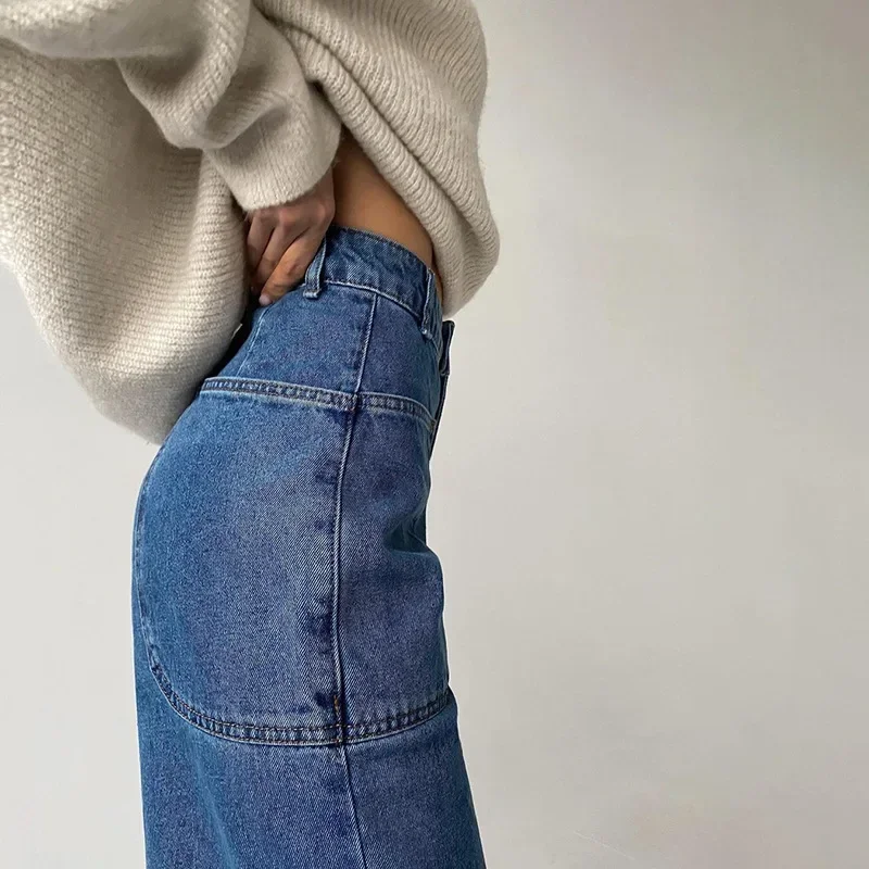 Women Pocket Design Harajuku Retro High Street Clothing 2021 Summer New Y2k High Waist Loose Bag Hip Waide Leg Denim Trousers