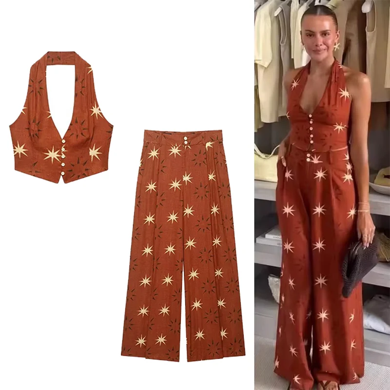 Women 2 Pieces Wide Leg Pants Sets 2025 New Fashion Printed Short Top Trousers Women's Suit Casual Two Piece Woman Outfits