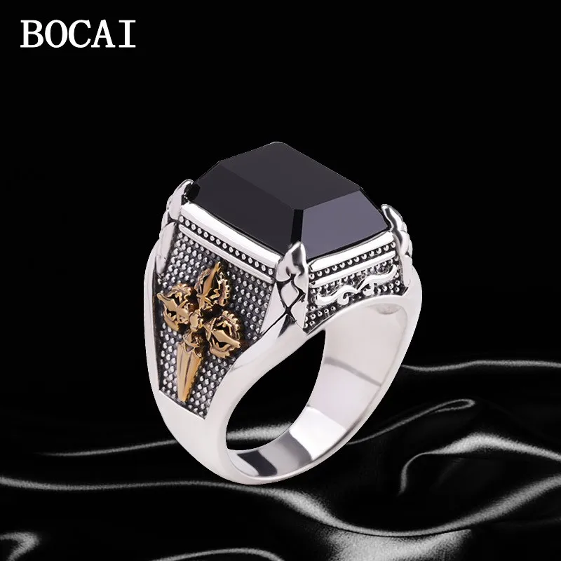 

BOCAI Thai silver man ring 2020 new S925 pure silver jewelry personality black agate good luck ring for man