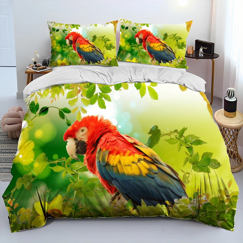 Colorful Parrot Macaws Birds Comforter Bedding Set,Duvet Cover Bed Set Quilt Cover Pillowcase,King Queen Size Bedding Set Adult 4