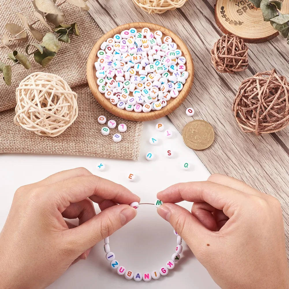 1300Pcs Letter A~Z Initial Acrylic Beads Flat Round Rainbow Color Elastic Bracelet Necklace Phone Hang Cord DIY Jewelry Making