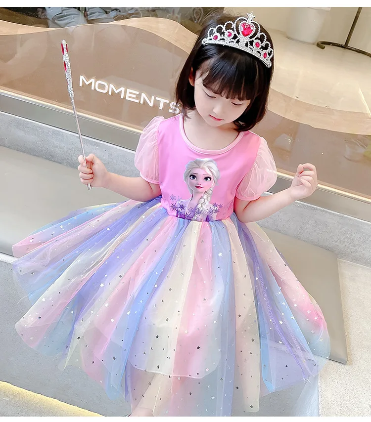 Girls Aisha Princess Dress Frozen Summer Children Rainbow Short Sleeve Dresses Baby Girl Cartoon New Fashion Elsa Clothing western dress