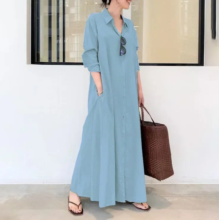 2026 Elegant Pockets Shirt Maxi Green Dress Chic Long Sleeve  Single-breasted A-line Cotton Dresses Femme Casual Autumn Vestidos -  AliExpress 200000345