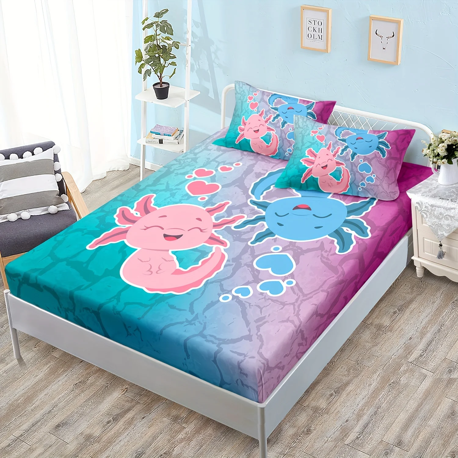 

3pcs100% Polyester Cute Axolotl Print Fitted Sheet Set Girls Bedroom Decoration, Blue And Pink Cartoon Zircon Pattern Bedding Se