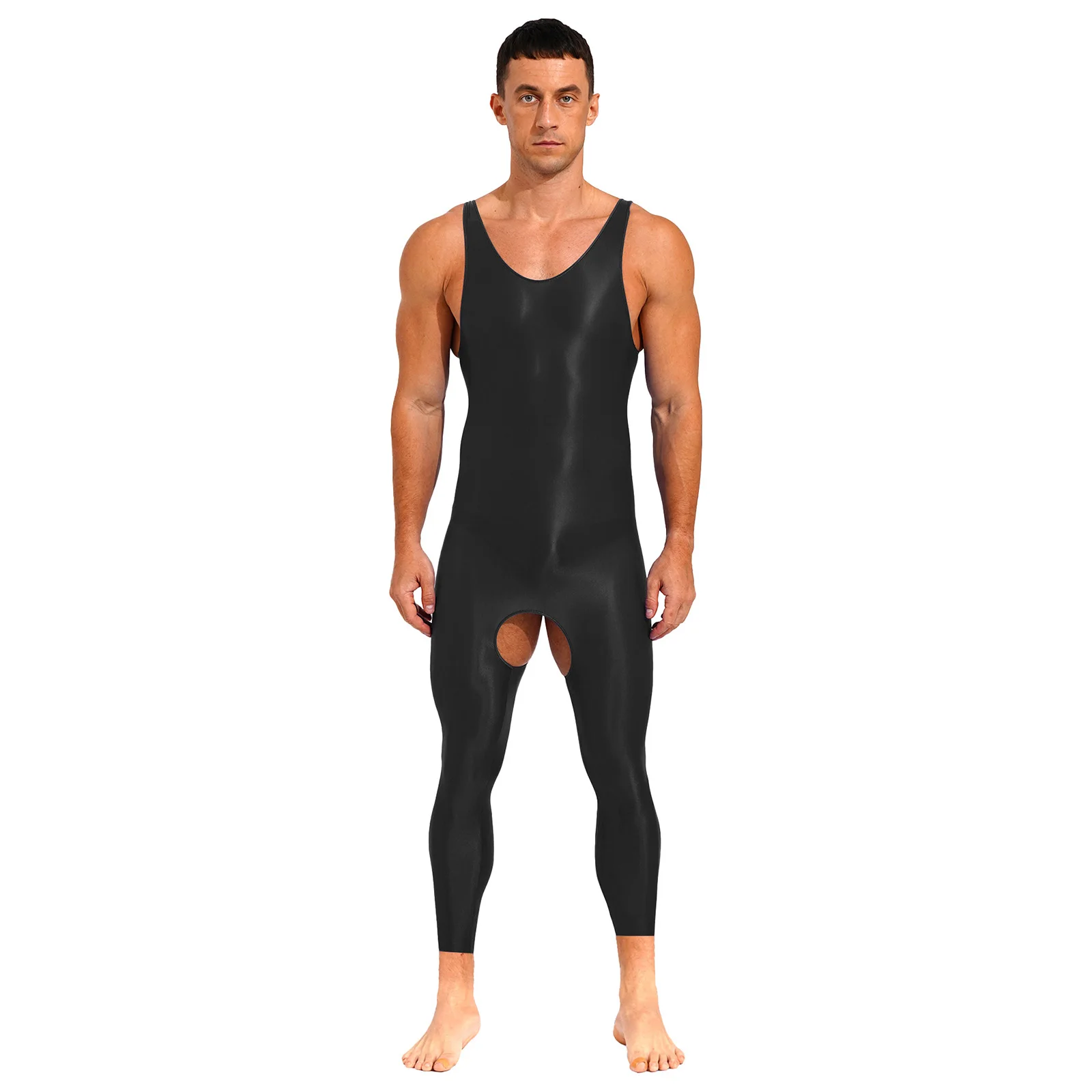 Lencería Sexy para hombre, medias brillantes con abertura en la entrepierna, monos ajustados, mono elástico de Color sólido con cuello en U, ropa de dormir sin mangas